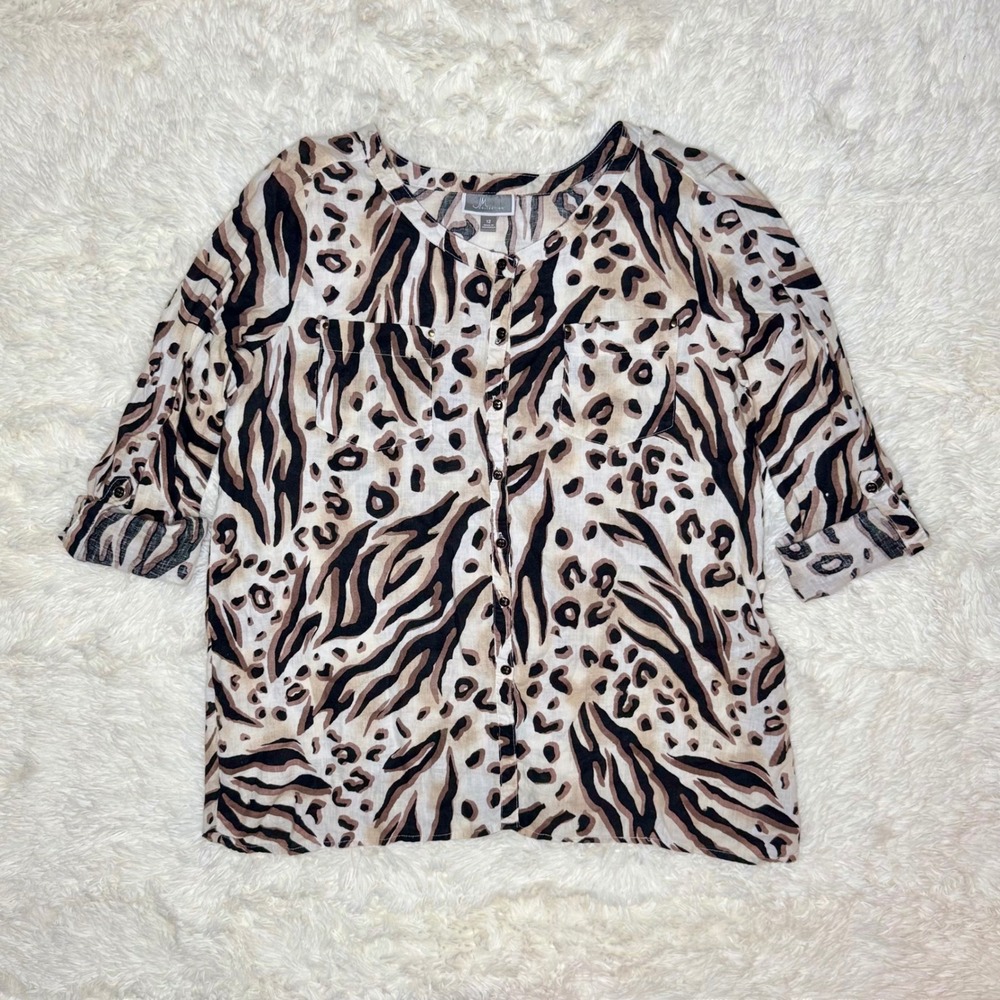 JM‎ Collection Women's Linen Button Down Top Size 12 Animal Print